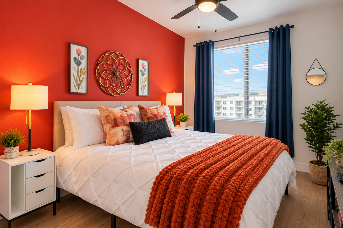 Cozy bedding and serene décor make every night festive and restful.”