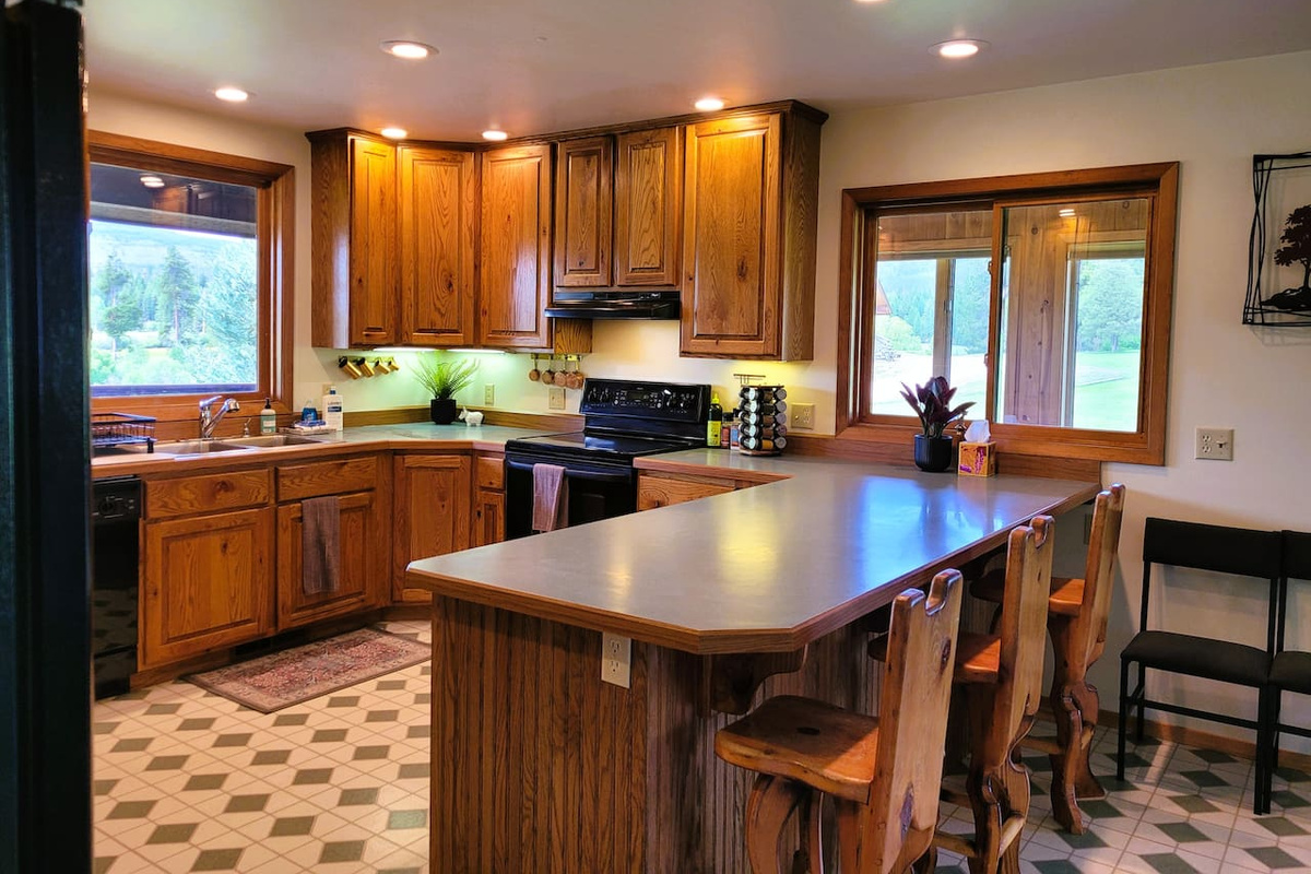 Spacious kitchen outfitted with cookware