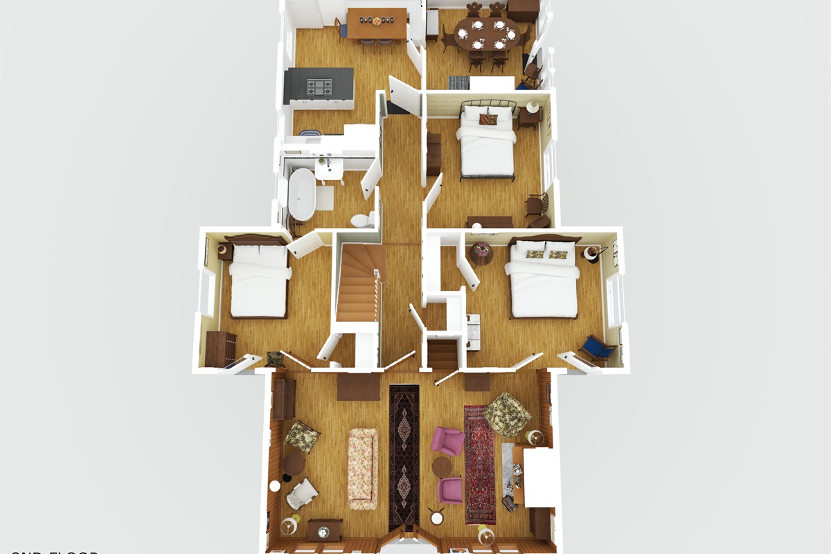 The Main (1st) Floor including the Living Room overlooking the lake, Kitchen, Dining Room, Bathroom, a King Bedroom and two Queen Bedrooms.