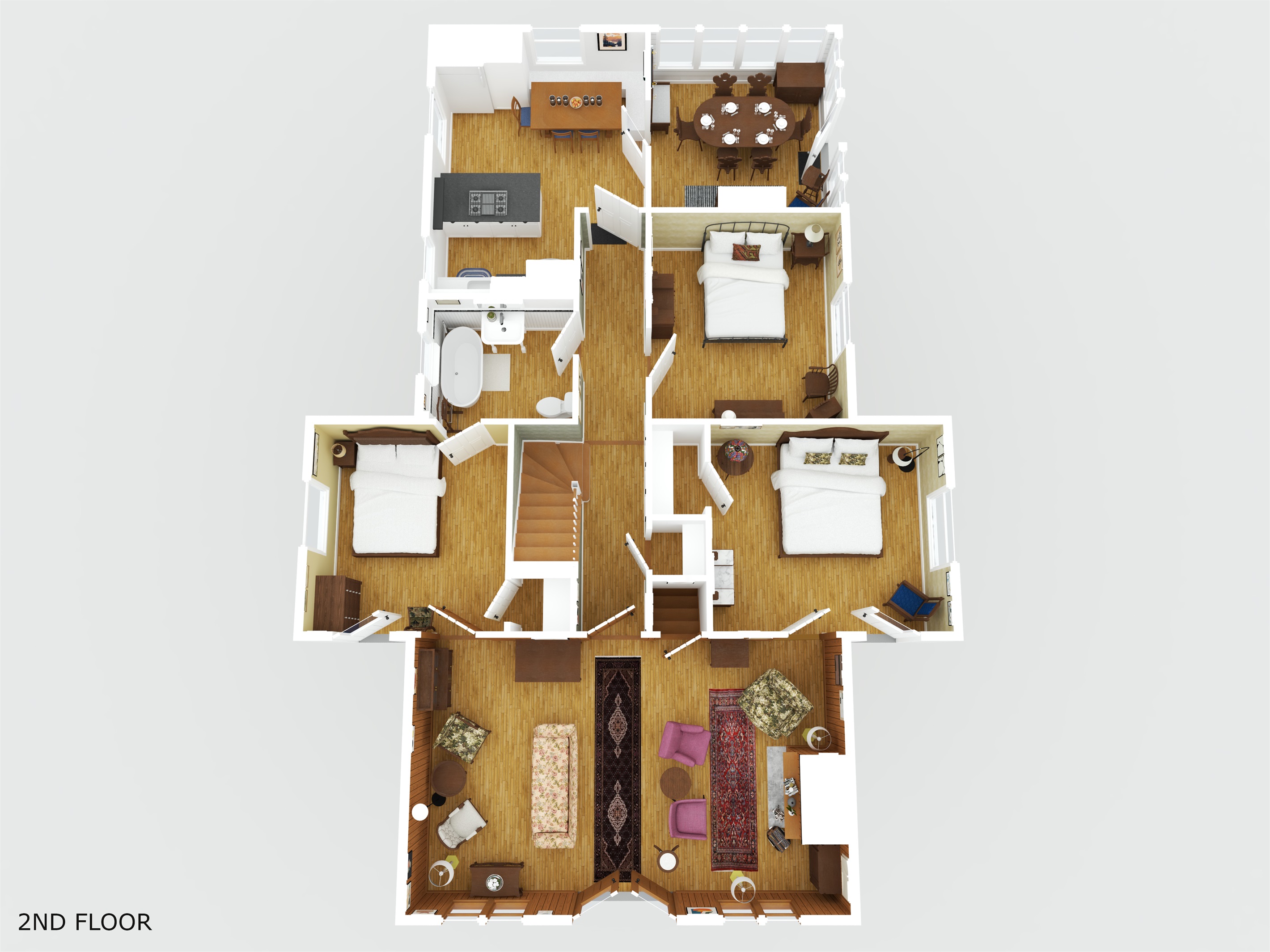 The Main (1st) Floor including the Living Room overlooking the lake, Kitchen, Dining Room, Bathroom, a King Bedroom and two Queen Bedrooms.