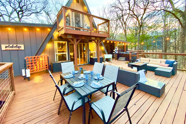 800 sf Deck | Fire table | Outdoor Cooler | Gas Grill (Propane Provided) | Private Hot Tub | Tons of Outdoor Games | Private Wooded Views | String Lights | Outdoor Dining Table for 6