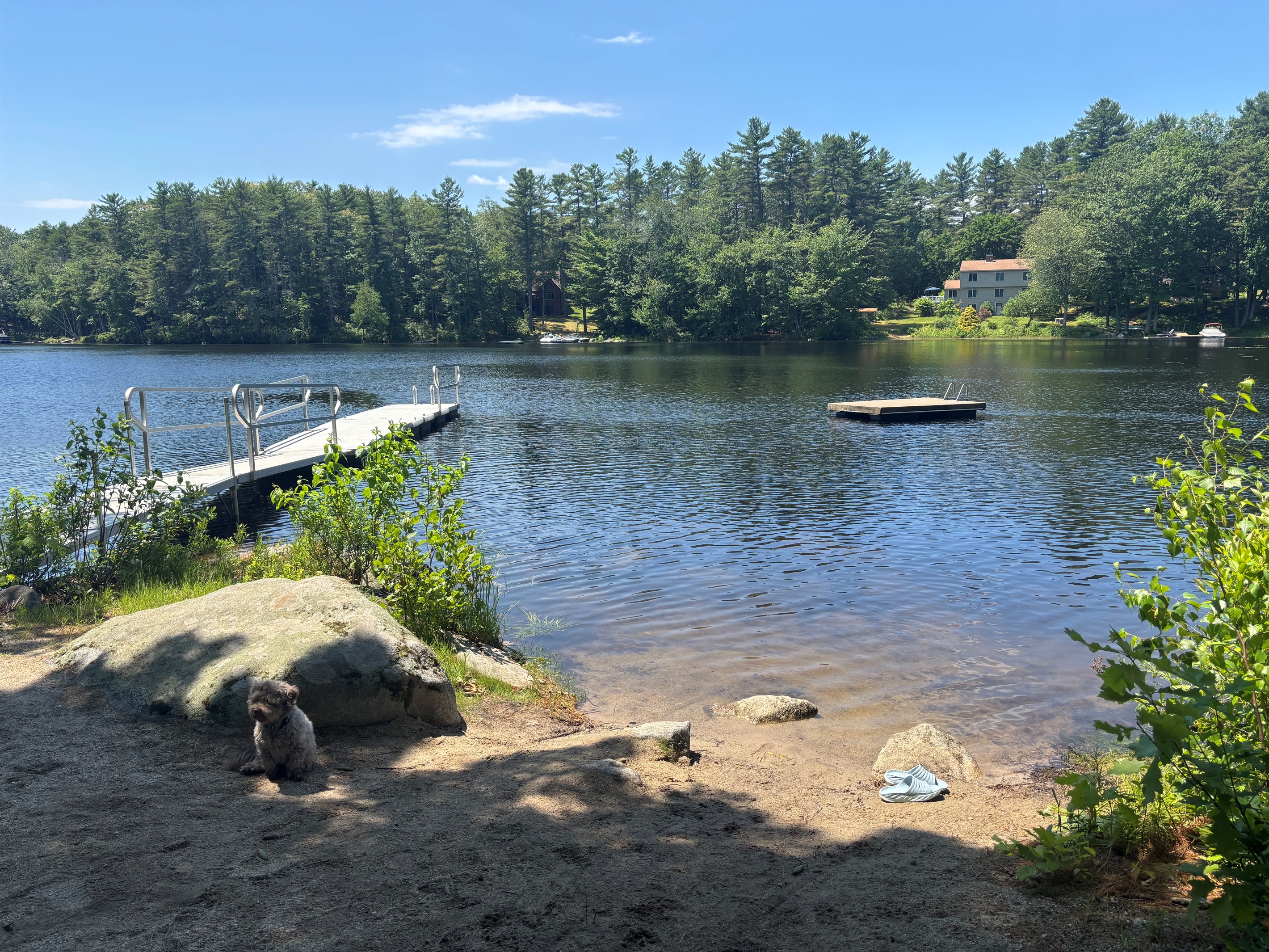 Waterfront with swim float and dock space for two boats