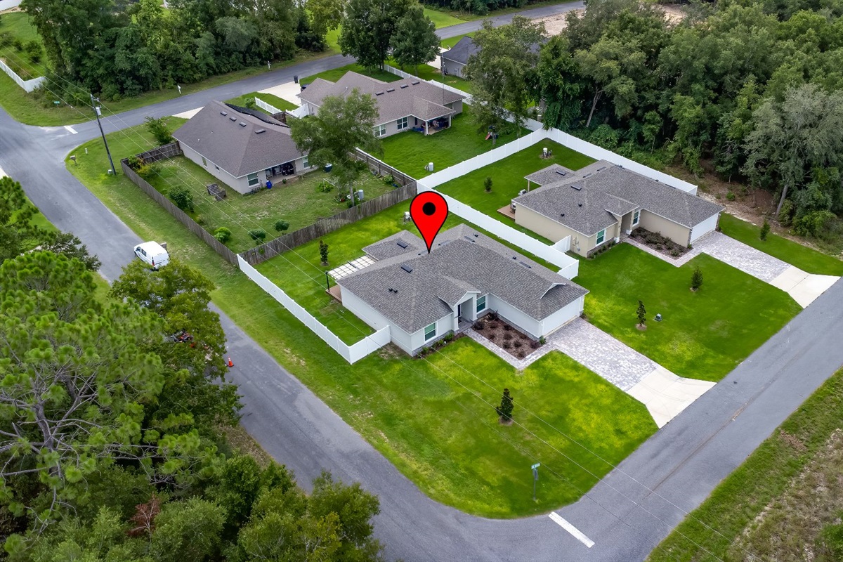 Birds Eye View of the Horsey Haven. The Home to the right is "Village Retreat" it is also a Short-Term Rental and available for that larger gathering.