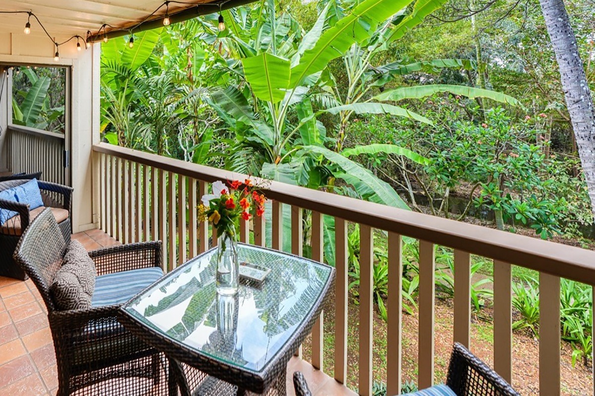 Private lanai in beautiful gardens