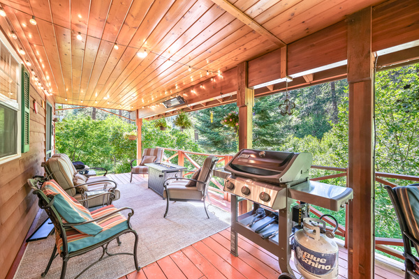 Large covered back porch includes gas BBQ (propane provided), seating area, and fire table