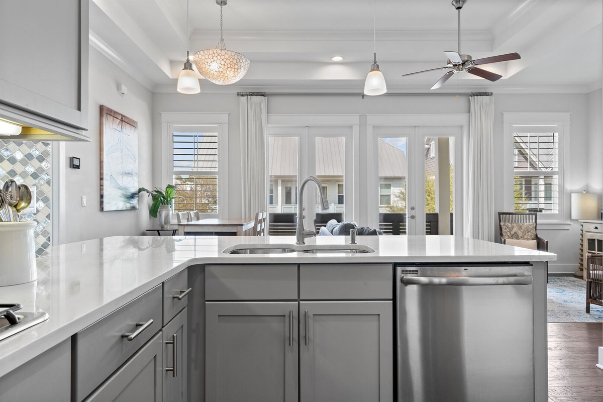 Kitchen island viewed from the living area.
