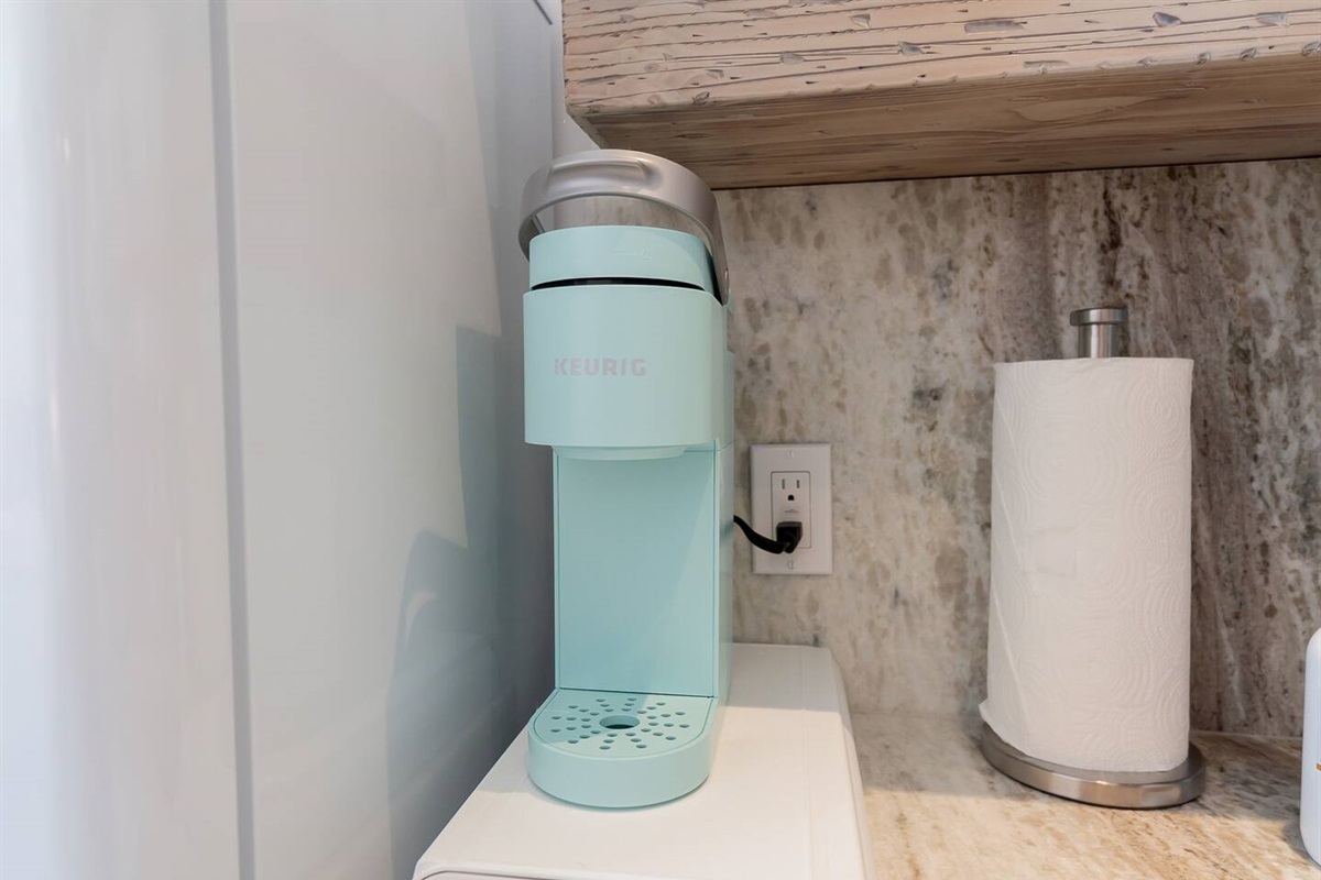 Keurig coffee maker. We provide a starter supply so feel free to bring your favorite or refill as needed at Publix just across the street.