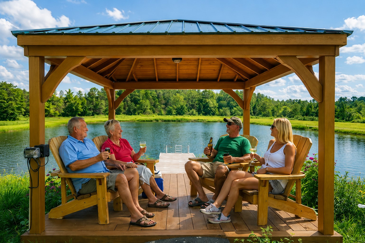 Gather with friends and family beneath a rustic pavilion by the pond, complete with classic Adirondack chairs and picture-perfect views.