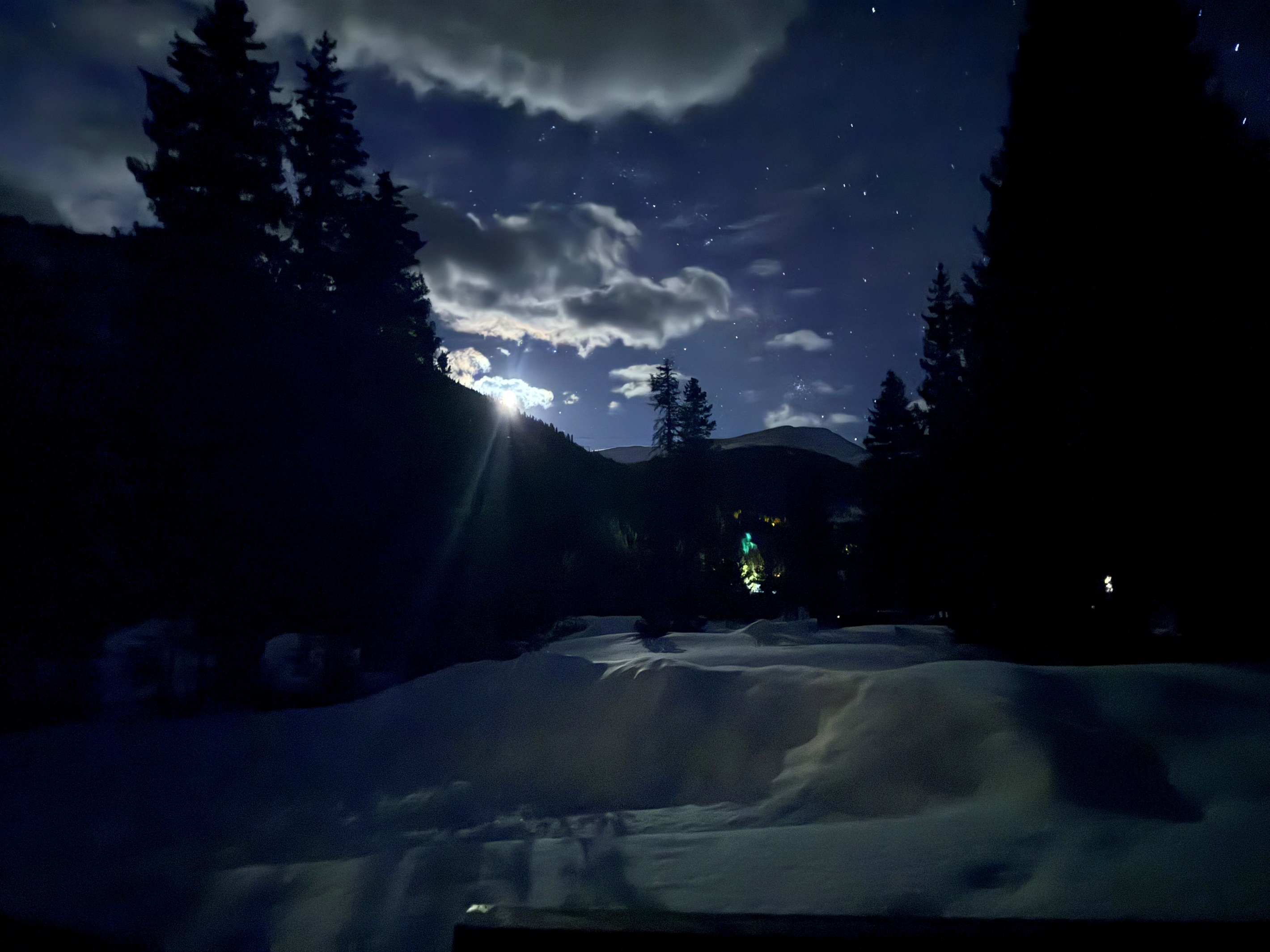 Beautiful starlit night looking towards Mt Redd. End your night under starry skies—snowy peaks, quiet pines, and a peaceful scene where you can slow down and soak in the magic all around you.