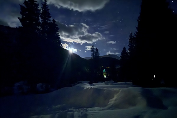 Beautiful starlit night looking towards Mt Redd. End your night under starry skies—snowy peaks, quiet pines, and a peaceful scene where you can slow down and soak in the magic all around you.