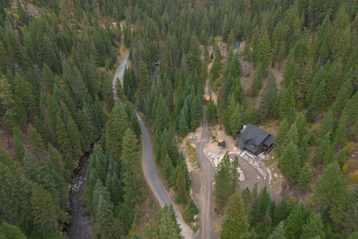 Aerial view of the 10 acre property showing Goose Creek, our home and Goose Creek Road.