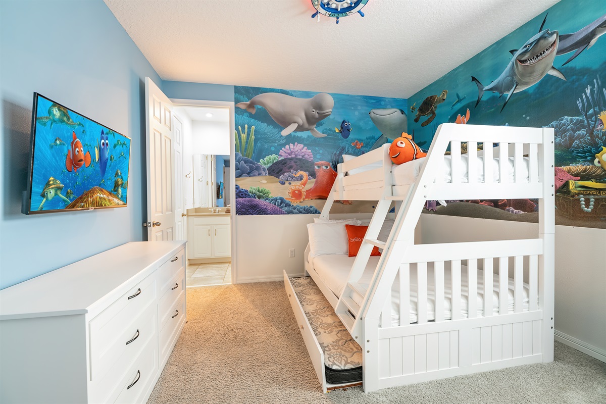 Bedroom 7 is Nemo-themed! with a twin-over-double bunk bed + a double trundle pullout!