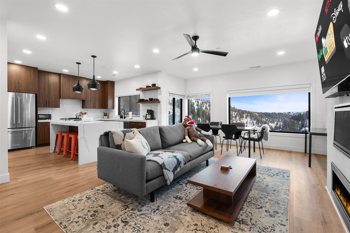 Spacious modern living area designed for après-ski relaxation and gathering,