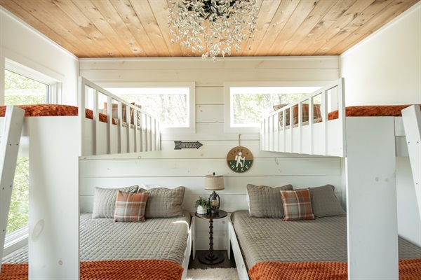 Bunk Room | Custom-designed sleeping space with two queens, two twins, and mountain views
