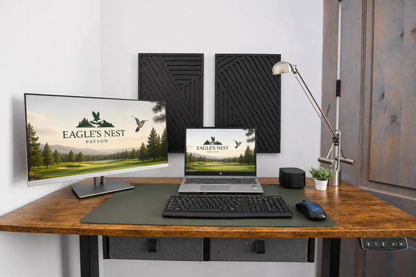 Modern workstation with electric sit and stand desk, monitor, docking station, keyboard, mouse, and walking pad or chair options