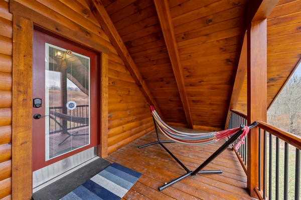 Upper Level Front Deck with Hammock and Front-Facing Sunset Views.