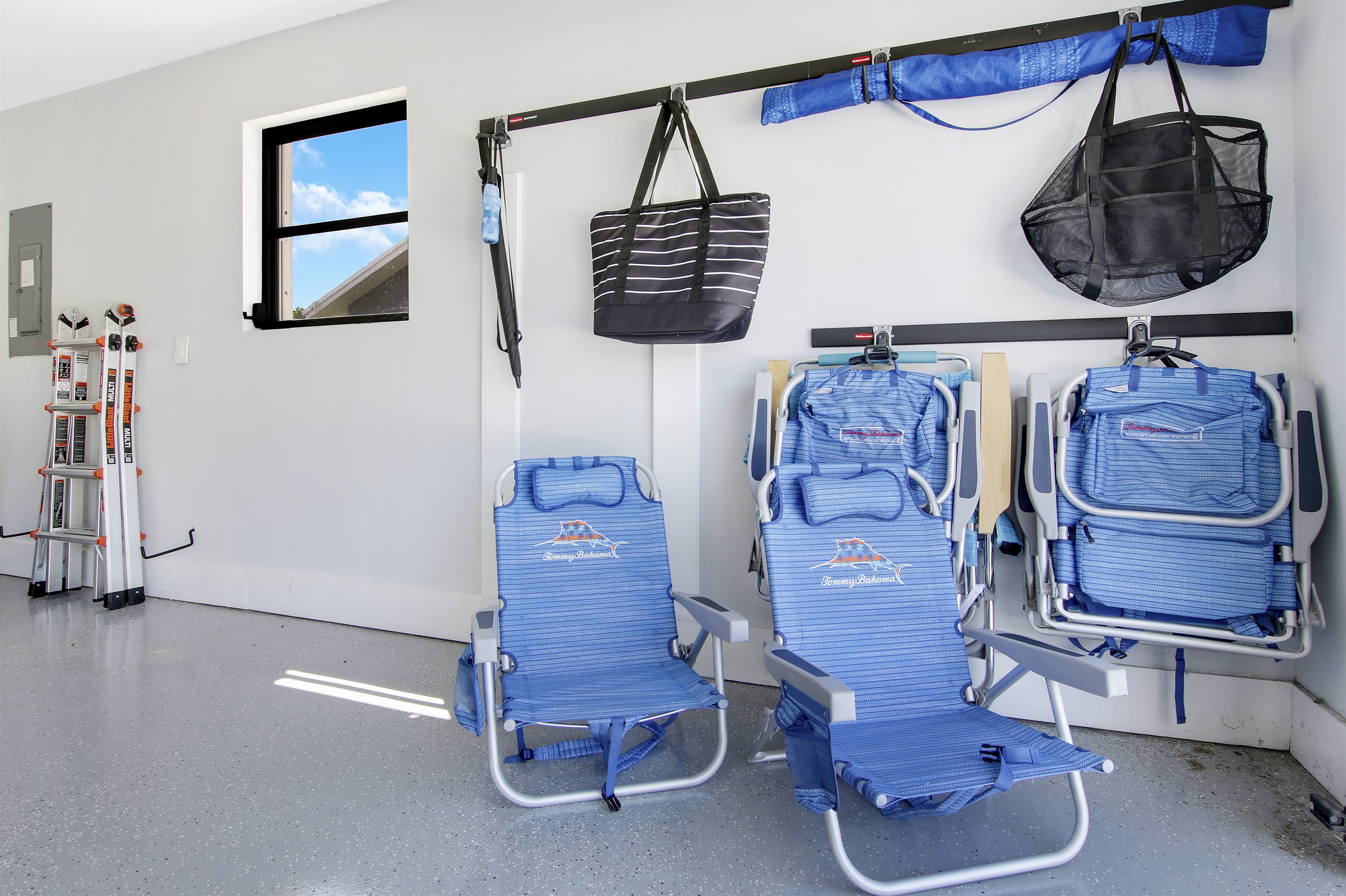 Beach chairs, beach umbrella, beach bag and cooler bag