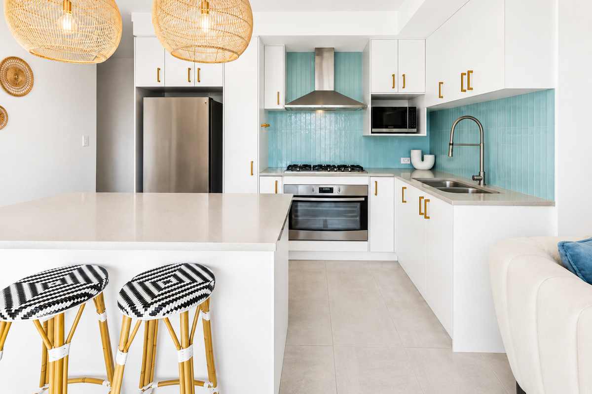 The Duchess of Duke in Scarborough includes a fully equipped kitchen for your Perth coast stay, with an island bench and open-plan layout.