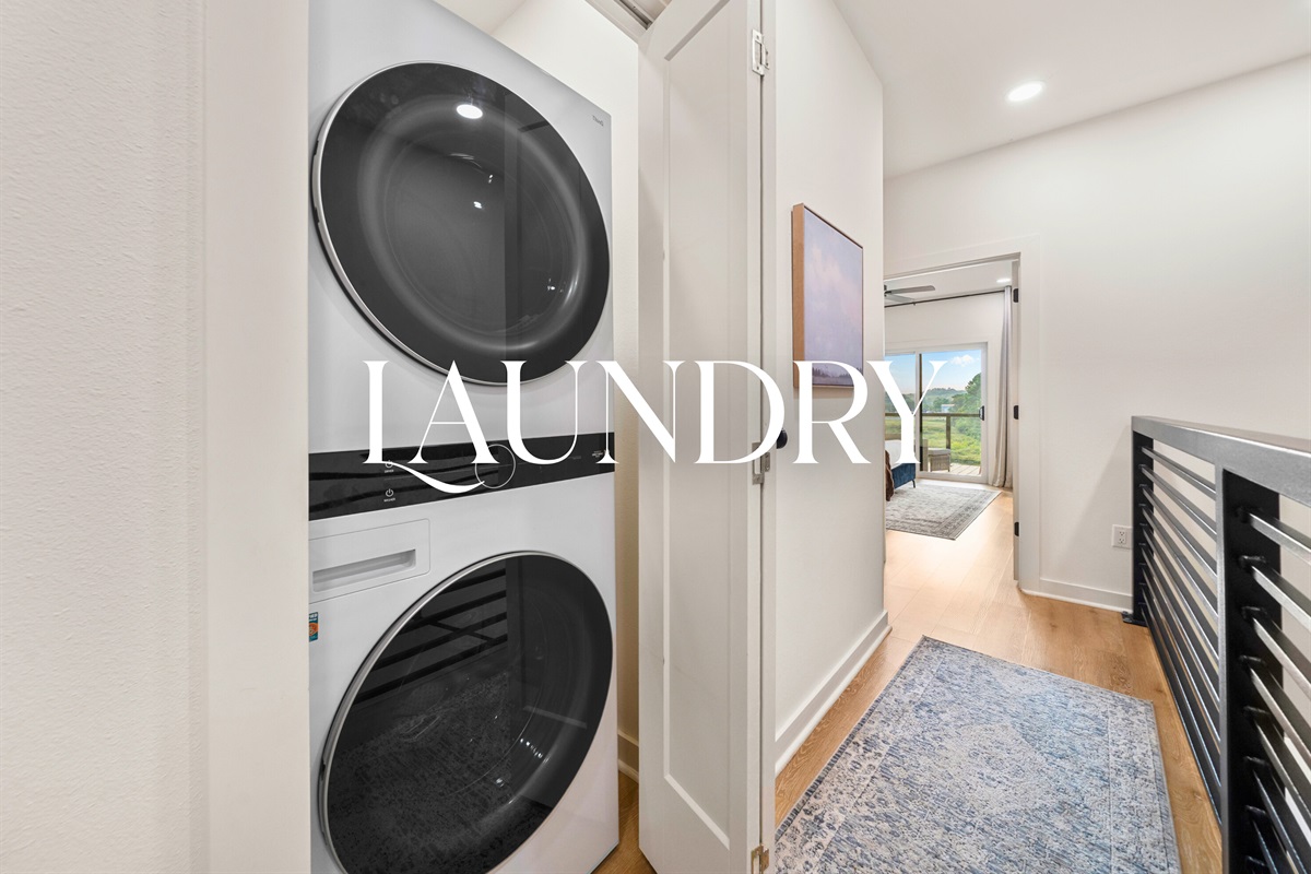 Full laundry area with washer and dryer&mdash;everything you need for extended stays.