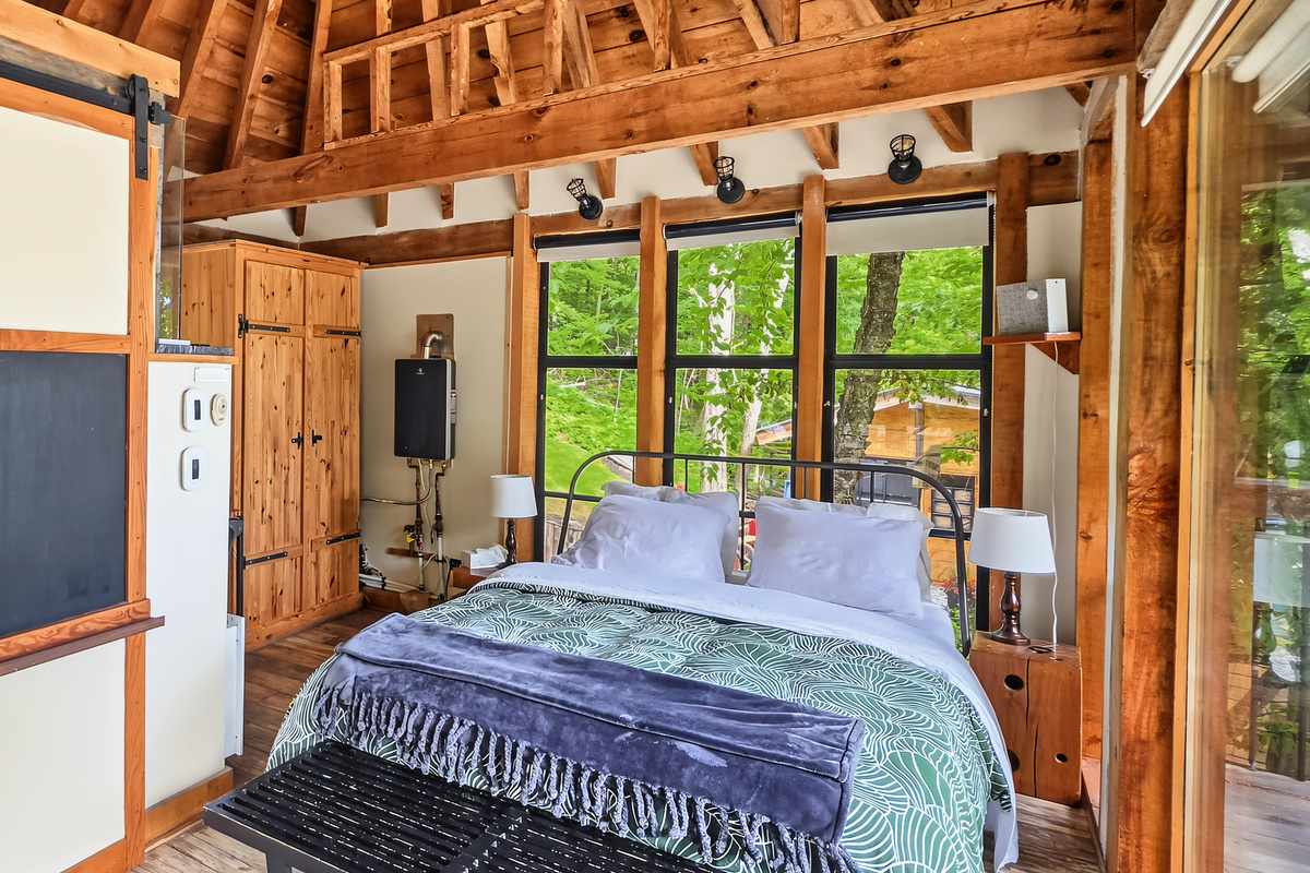 Teahouse bedroom interior with blinds up