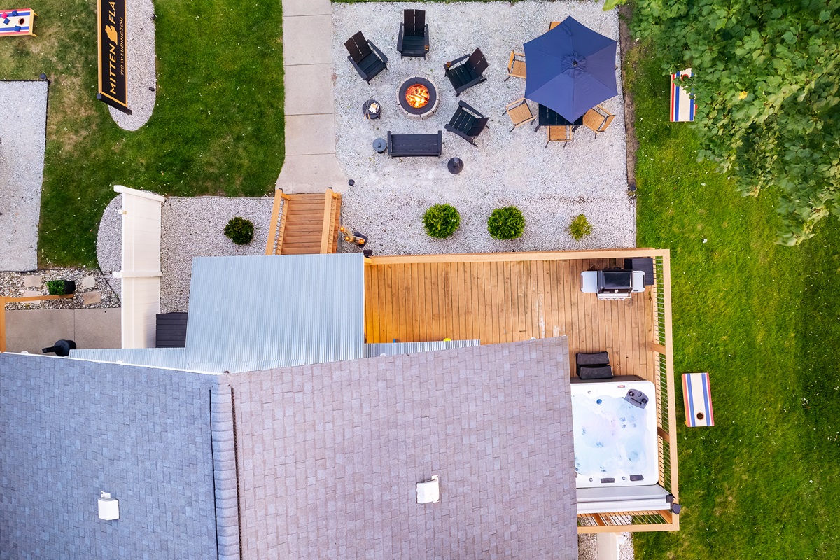 Aerial of Deck wrapping around house