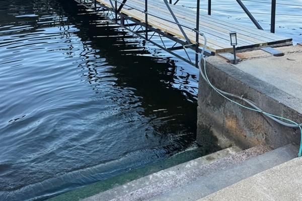 Steps into the lake.