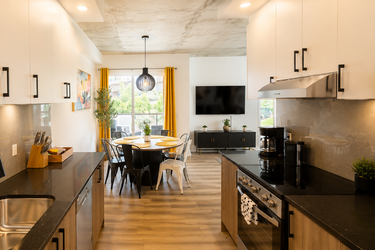 Full kitchen with frigide, oven, dishwasher, micro-wave and all the necessary for cooking :)