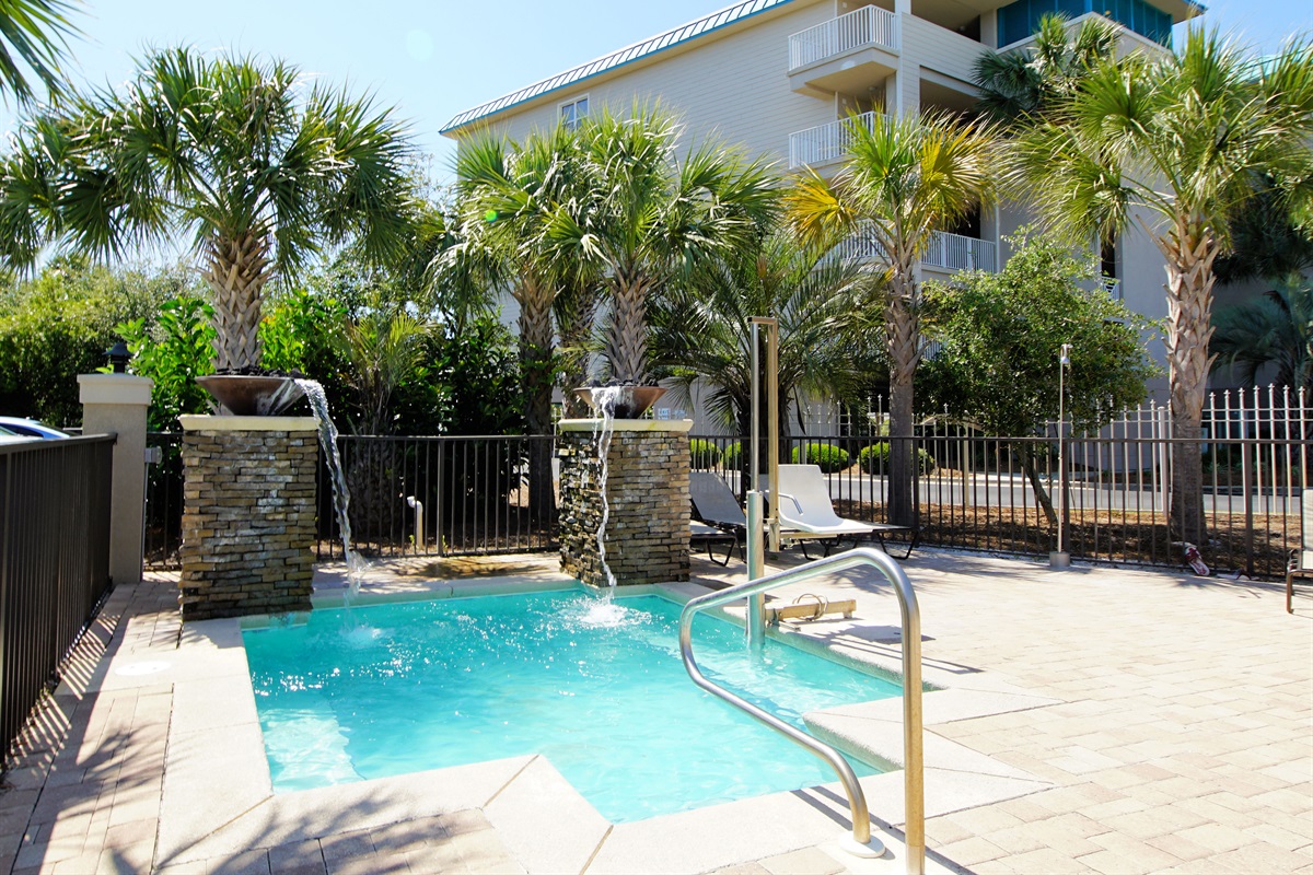 Hot tub with dual water features create the ultimate relaxing experience.