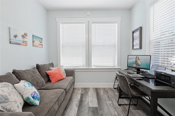 Bonus office and fourth bedroom that closes with barn doors, and offers a desk, monitor and printer, while accommodating a fold-out queen bed for more bed space.