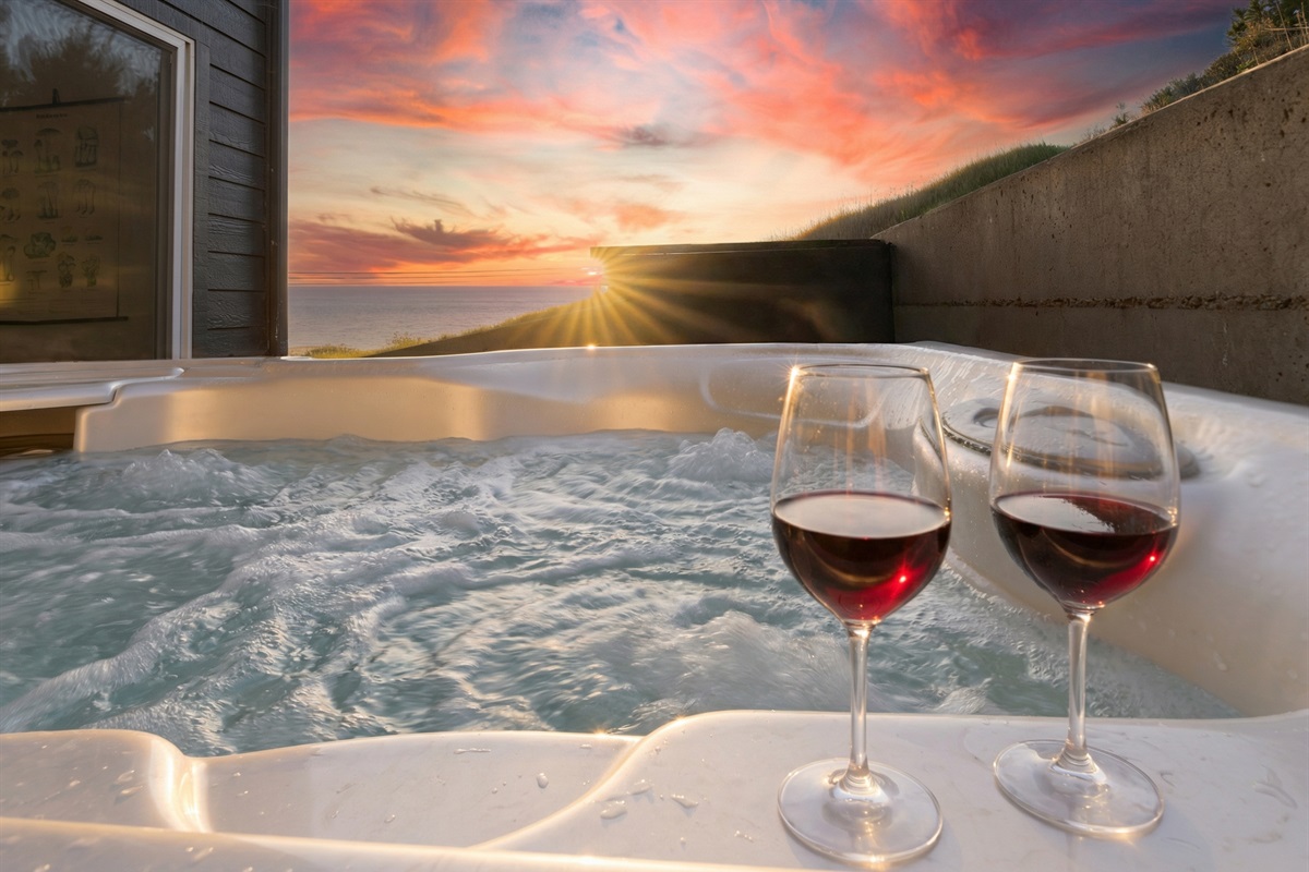 Ocean and sunset views from the hot tub