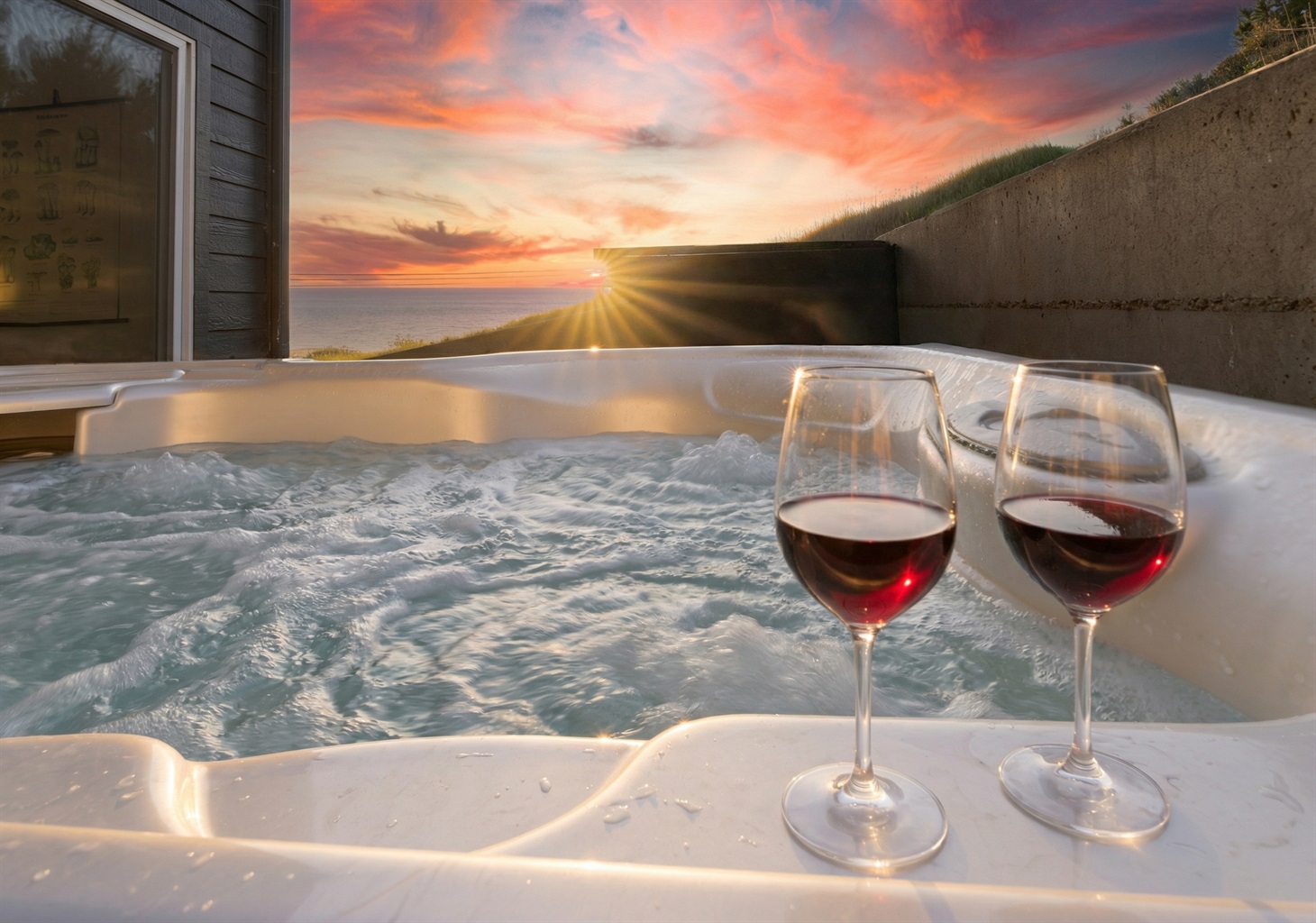 Ocean and sunset views from the hot tub