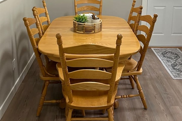 Dining area is in the kitchen.  Table seats 6 with extra leaves, if needed.