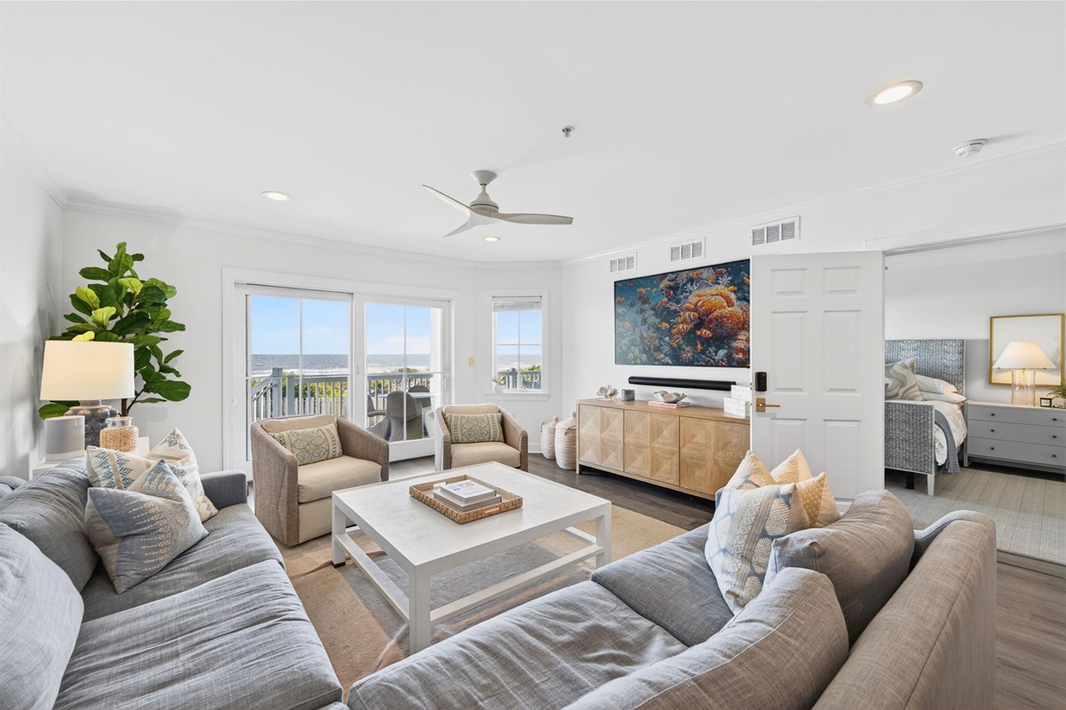 Living Room | 1006 Ocean Blvd, Isle of Palms, SC | 102 Dunescape | IOP Escapes