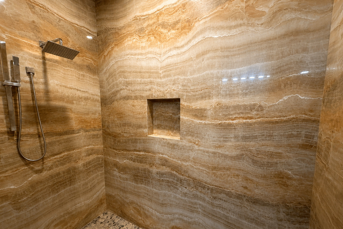 Primary En-Suite Bathroom: Enjoy a spacious en-suite bathroom featuring dual sinks, a walk-in stone shower, and a dedicated vanity area, providing plenty of space to get ready in comfort.