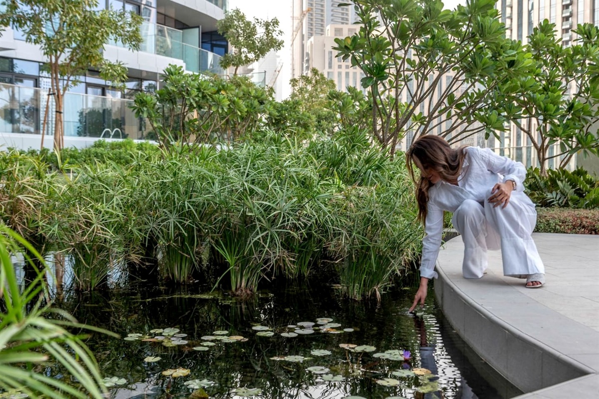 This residence features a tranquil water garden with lush greenery, offering a serene escape unlike other buildings in the area. A unique touch of nature blended with modern living, creating an exclusive and refreshing atmosphere for guests.
