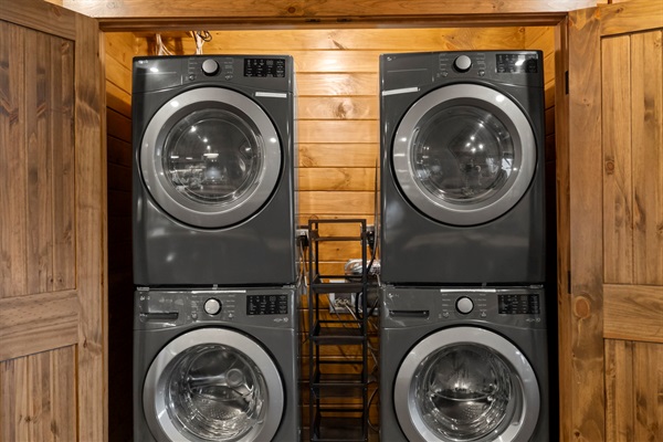 Main Level Laundry Near Kitchen with Double Washers and Double Dryers for Large Groups.