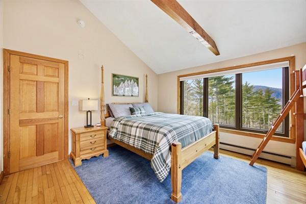 Second floor bedroom with queen bed and twin-over-twin bunk bed view 2