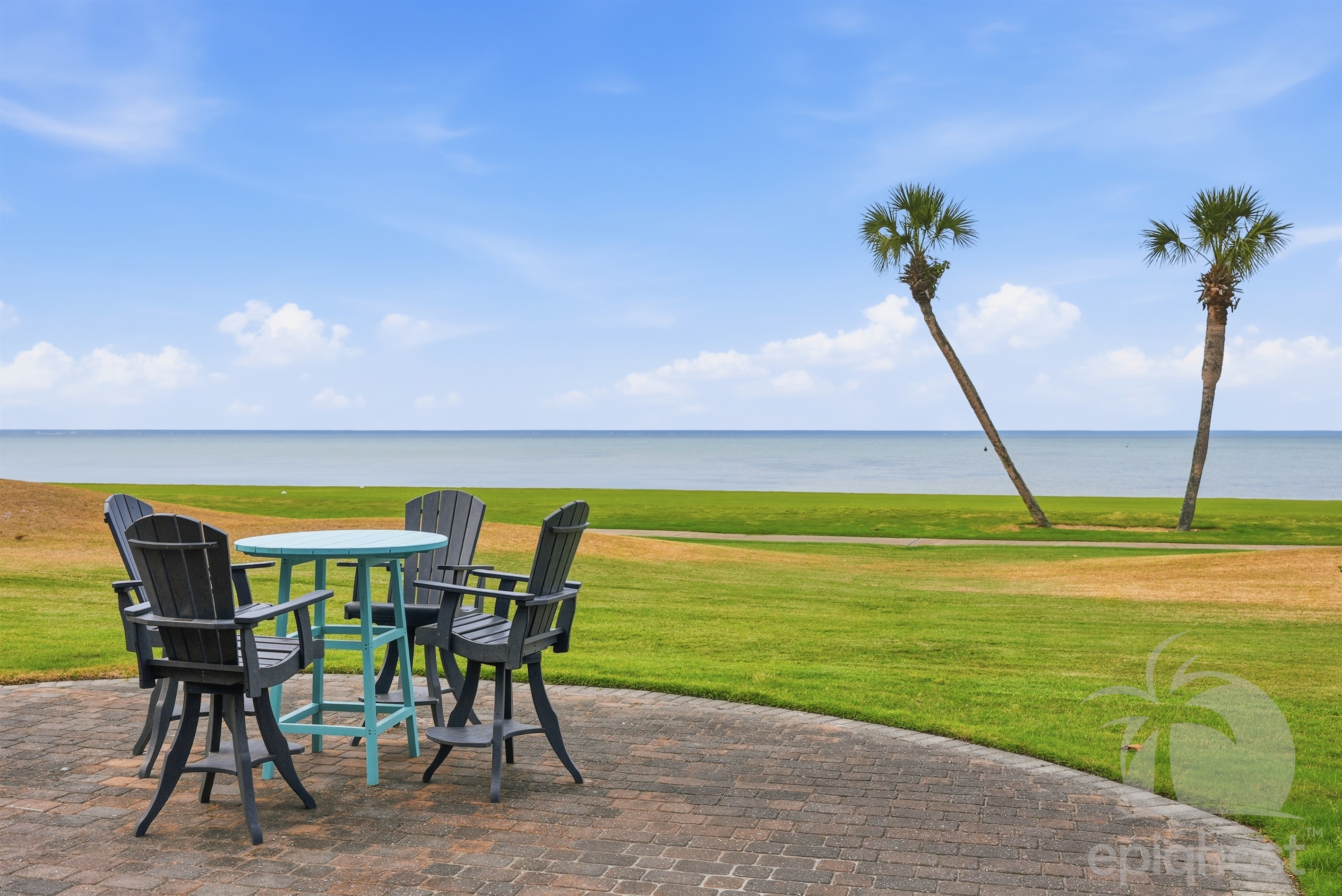 Outdoor seating area overlooking the bay