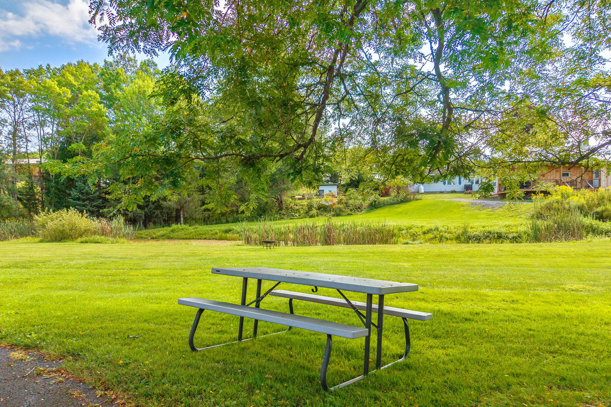 Take lunch outdoors at the picnic table overlooking the lawn.