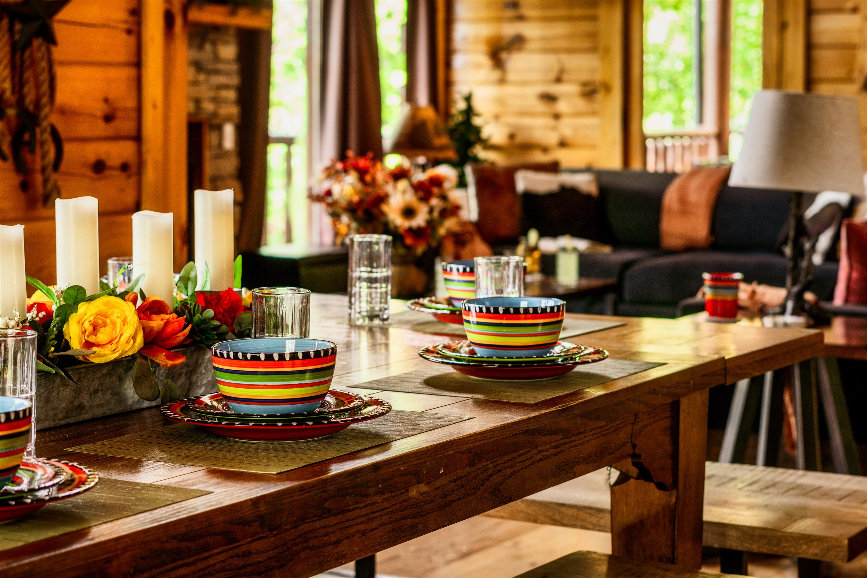 Dining table, kitchen and great room combined for family gatherings.