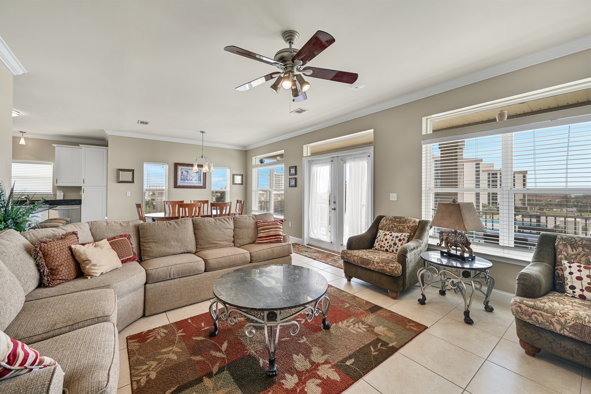 Living Room #3 (Third Floor) –  Large L-shaped sleeper sofa, accent chairs & TV