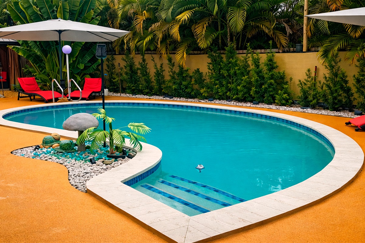 Heated, clothing-optional pool surrounded by lush tropical landscaping.