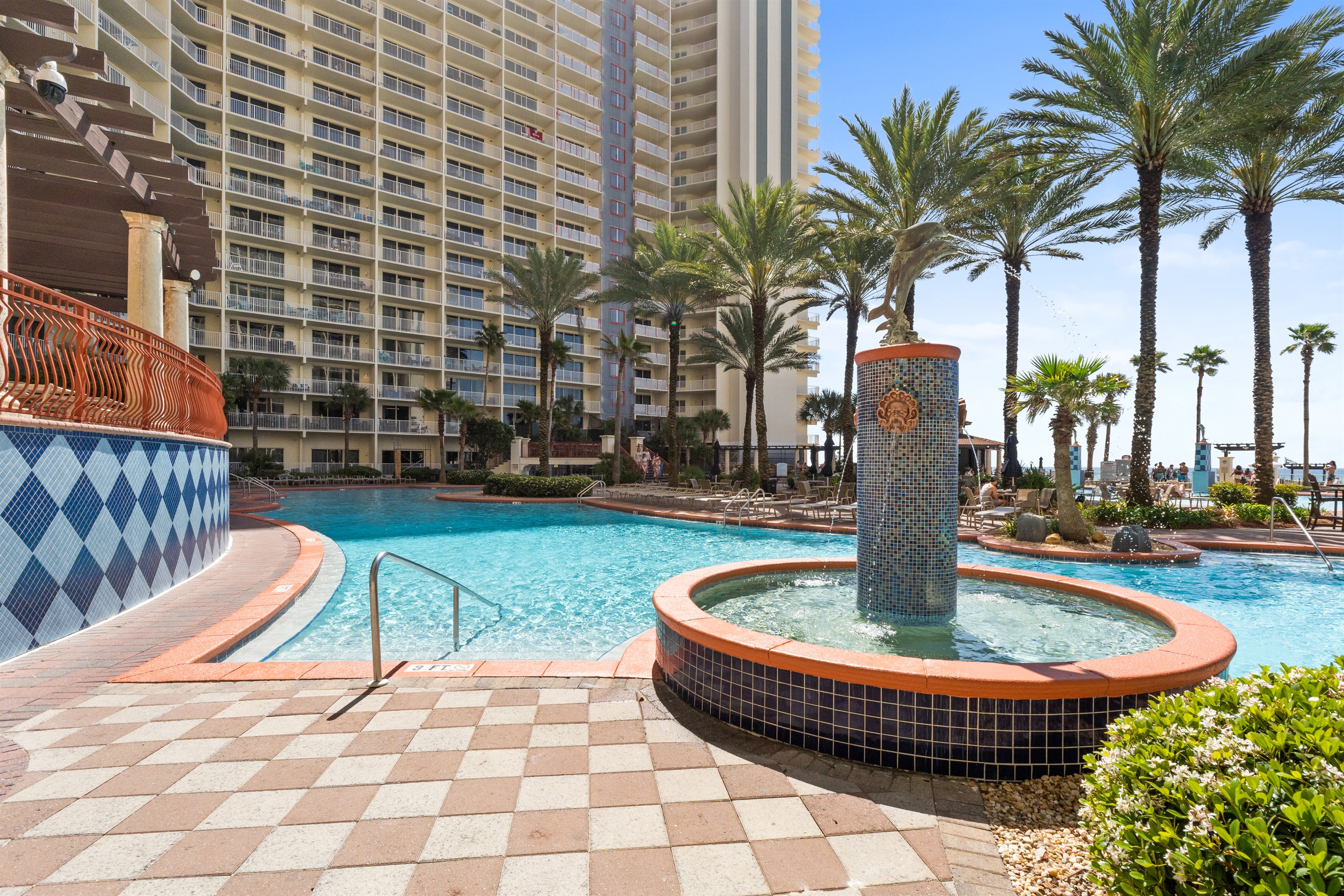 Beautiful fountains spread across the property.