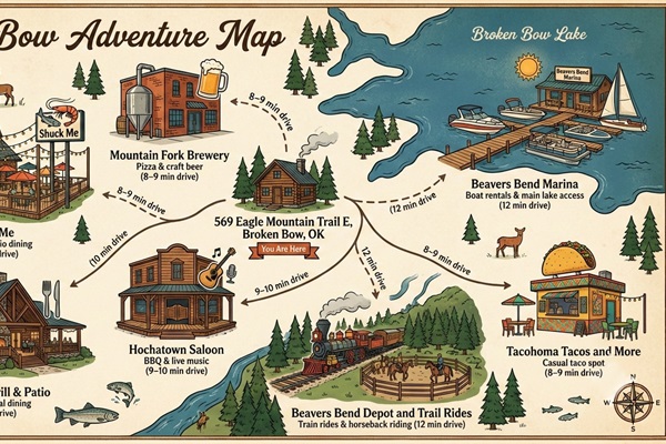 Your personal guide to Broken Bow fun. From lake days and brewery stops to trail rides and local dining, everything is just minutes away. Adventure, relaxation, and great food are all within easy reach.