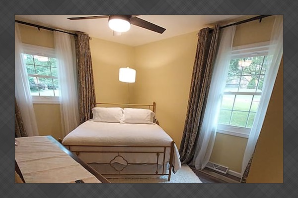 When the windows are open, a gentle country breeze fills the room.  It's so charming and peaceful, with lovely views and a quiet that invites relaxation. A remote-controlled fan and lamp help you set just the right mood.