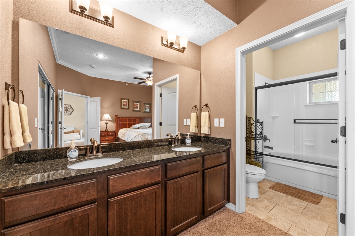 The king suite’s dual vanity gives you room to spread out and get ready without rushing.