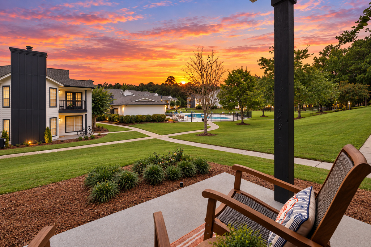 Sunset views from The Tiger Terrace 
Unwind on the patio and take in the peaceful courtyard and pool views—the perfect place to relax after a day in Auburn. 🐅🧡💙