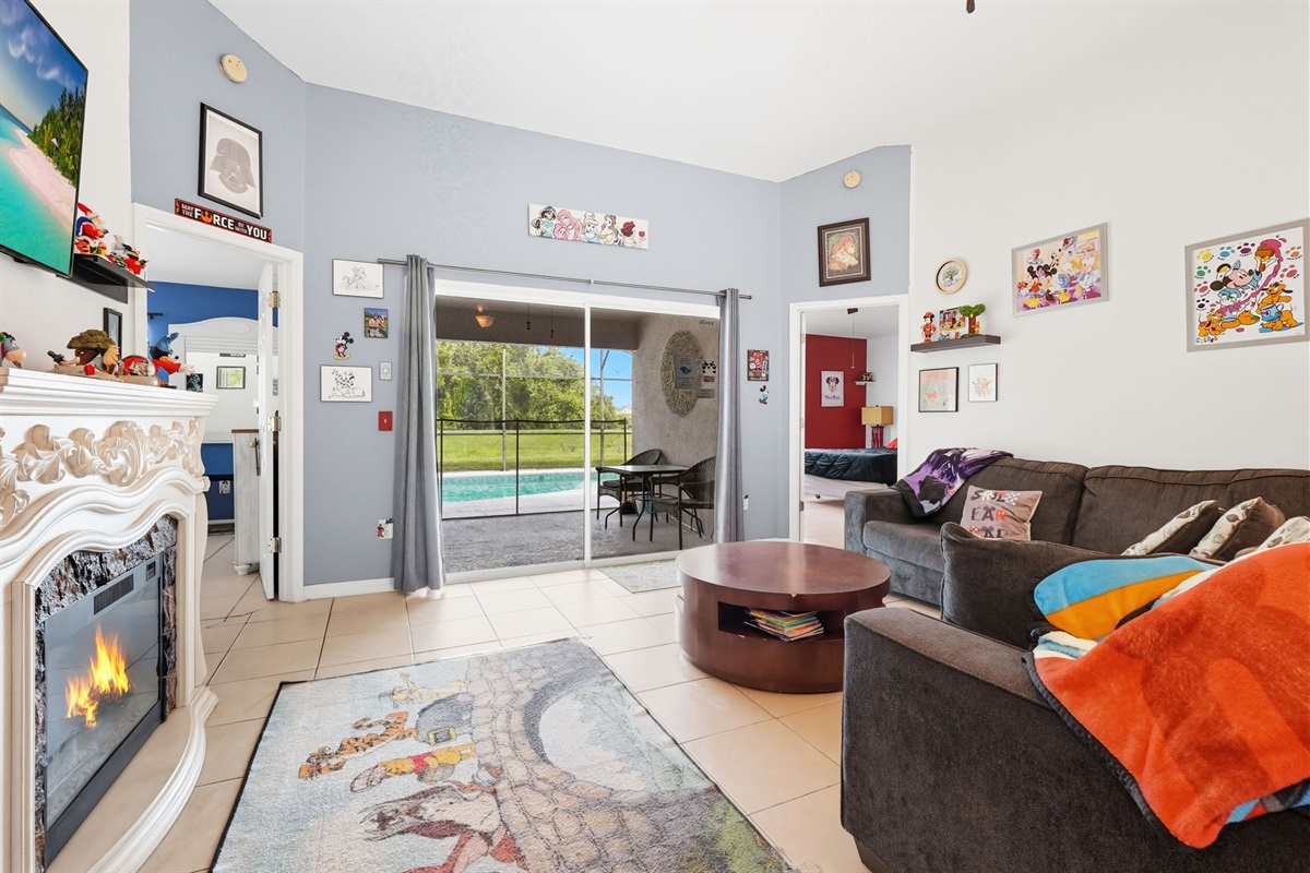 Spacious Living Room with Indoor Fireplace