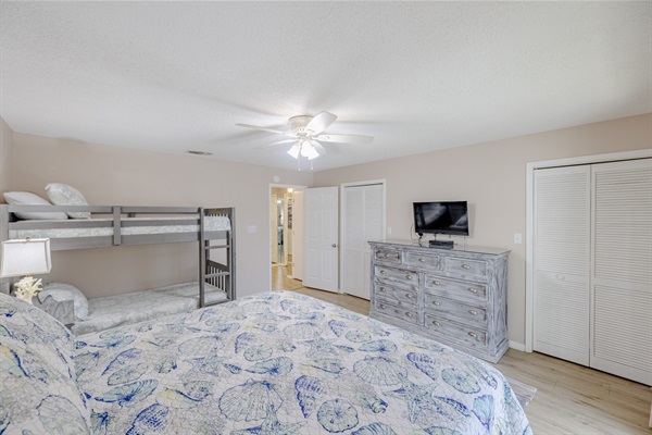 Second bedroom with queen, bunks and smart TV