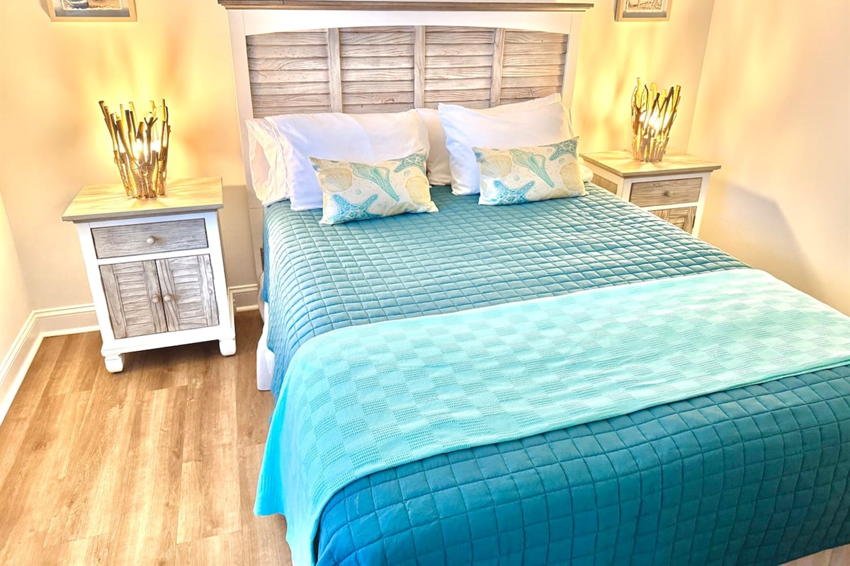 Queen bed with a smart TV and blackout curtains.